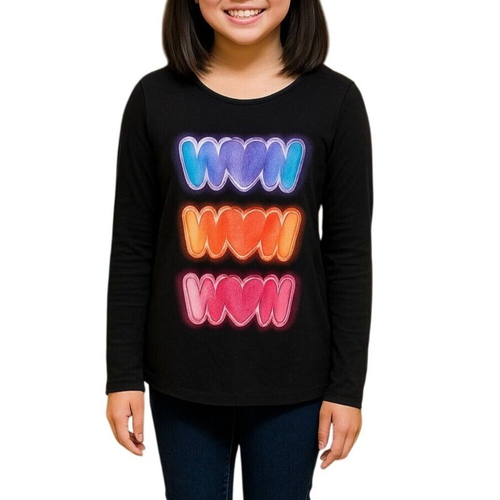Total Girl XL 18½ Plus Long-Sleeve Black Shirt "WOW" Rainbow Heart Graphics